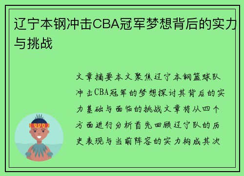 辽宁本钢冲击CBA冠军梦想背后的实力与挑战
